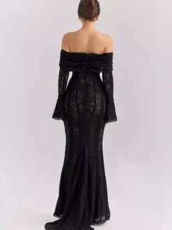 Black Floral Lace Maxi Dress Off Shoulder Bell Long Sleeve Mermaid Bodycon Dress For Women 2026
