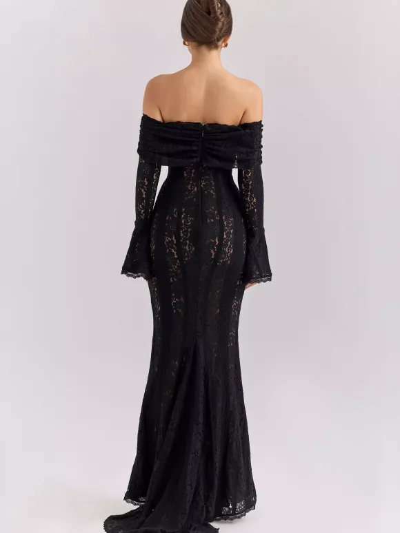 Black Floral Lace Maxi Dress Off Shoulder Bell Long Sleeve Mermaid Bodycon Dress For Women 2026