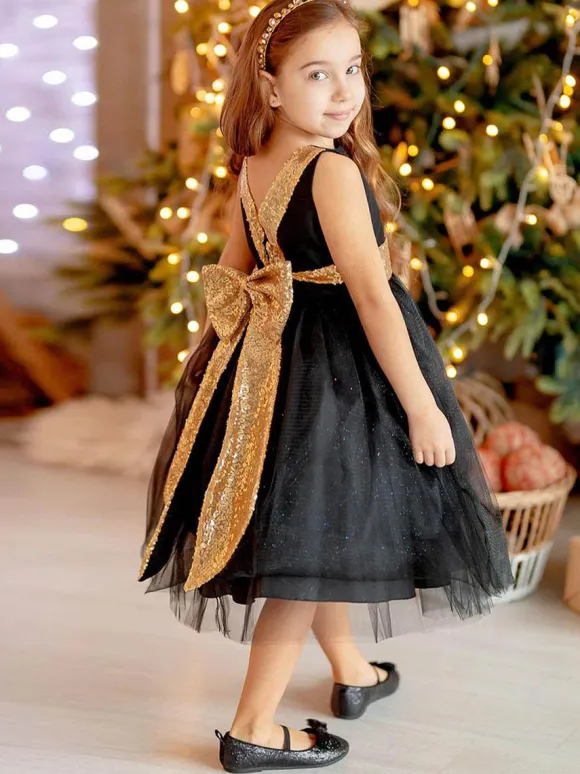 Black Flower Girl Dress Bows Jewel Neck Sleeveless Kids Birthday Party Dresses