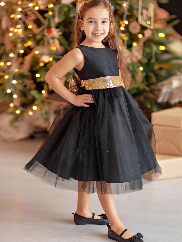 Black Flower Girl Dress Bows Jewel Neck Sleeveless Kids Birthday Party Dresses