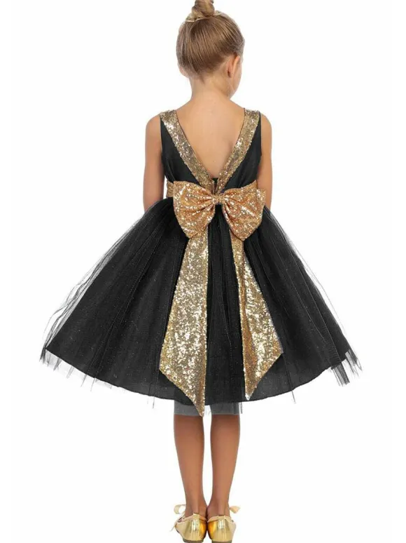 Black Flower Girl Dress Bows Jewel Neck Sleeveless Kids Birthday Party Dresses