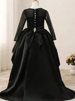Black Flower Girl Dress Bows Jewel Neck Long Sleeves Kids Birthday Party Dresses