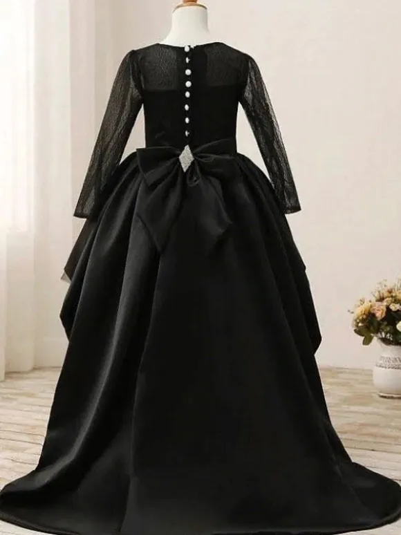 Black Flower Girl Dress Bows Jewel Neck Long Sleeves Kids Birthday Party Dresses