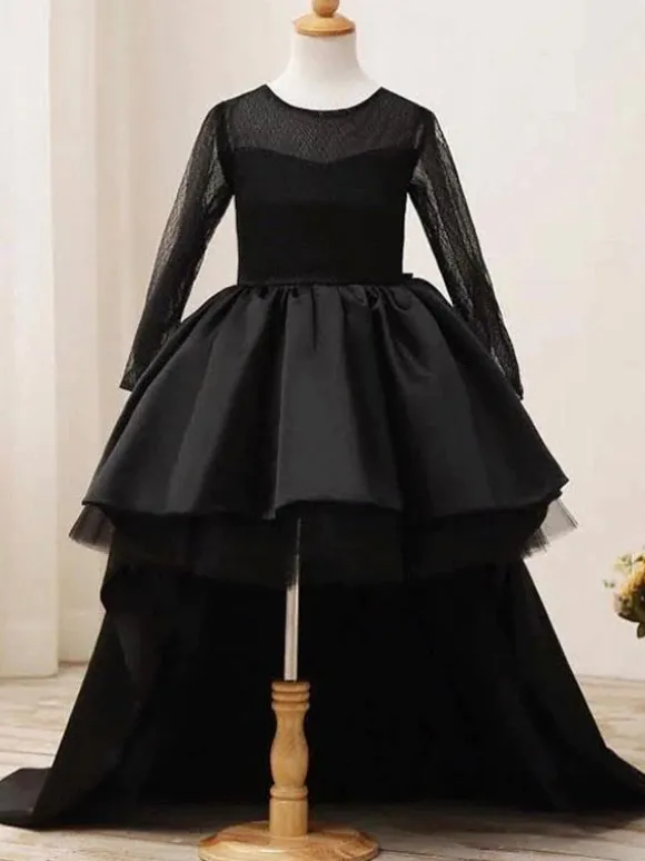 Black Flower Girl Dress Bows Jewel Neck Long Sleeves Kids Birthday Party Dresses