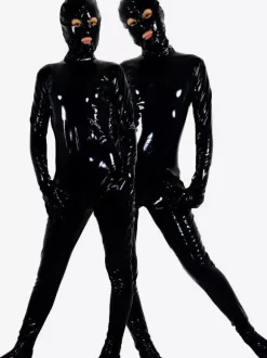 Black Full Body PVC Unisex Catsuit for Adult with Eyes and Mouth Opened Gimp Suit Costume