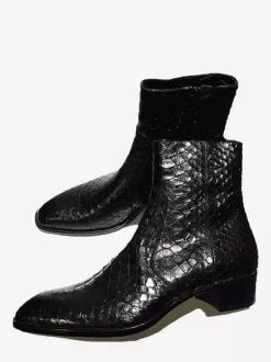 Black Genuine Leather Booties Round Toe Lace Up Ankle Boots