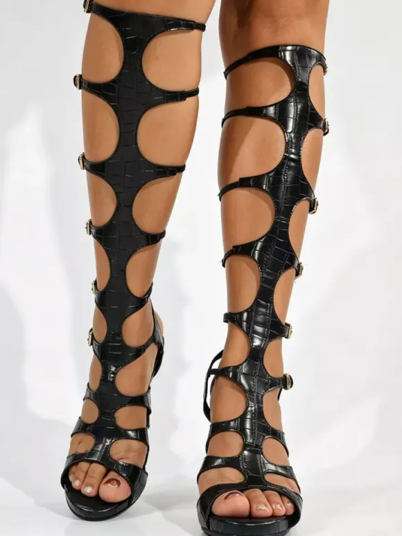 Black Gladiator Sandals Women's Open Toe Cut Out High Heel Sandal Shoes
