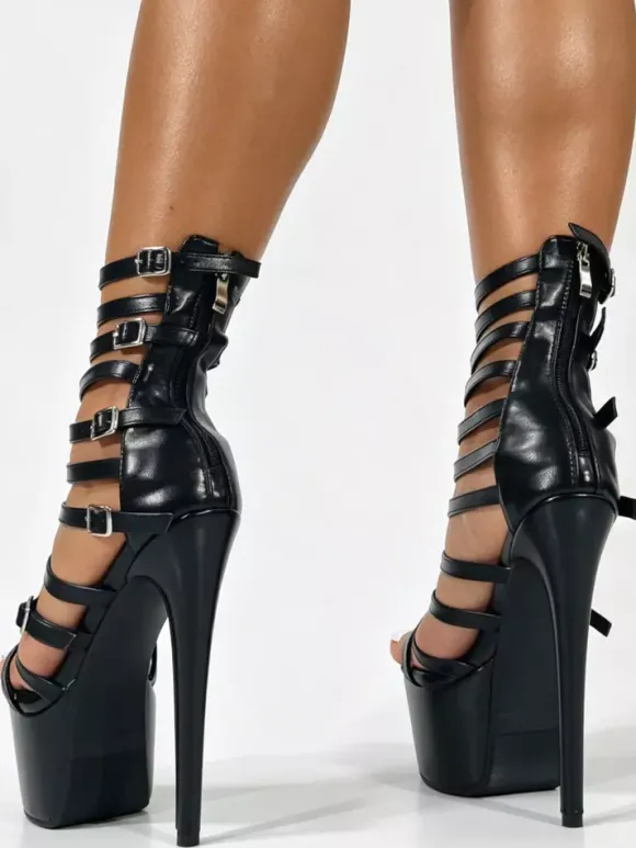 Black Gladiator Shoes Platform Buckle Detail High Heel Sandal Shoes