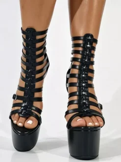 Black Gladiator Shoes Platform Buckle Detail High Heel Sandal Shoes
