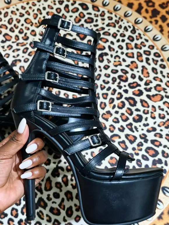 Black Gladiator Shoes Platform Buckle Detail High Heel Sandal Shoes