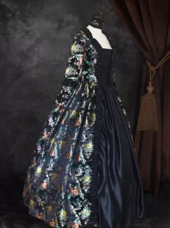 Black Gold Retro Tudor Dress Costumes Girl's Floral Print Marie Antoinette Costume Lace Up Satin Fabric Set Dress Choker Gothic 18th Century Costume