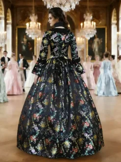 Black Gold Retro Tudor Dress Costumes Girl's Floral Print Marie Antoinette Costume Lace Up Satin Fabric Set Dress Choker Gothic 18th Century Costume