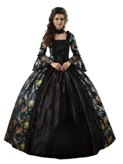 Black Gold Retro Tudor Dress Costumes Girl's Floral Print Marie Antoinette Costume Lace Up Satin Fabric Set Dress Choker Gothic 18th Century Costume