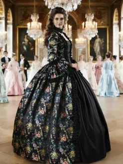 Black Gold Retro Tudor Dress Costumes Girl's Floral Print Marie Antoinette Costume Lace Up Satin Fabric Set Dress Choker Gothic 18th Century Costume