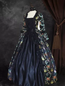 Black Gold Retro Tudor Dress Costumes Girl's Floral Print Marie Antoinette Costume Lace Up Satin Fabric Set Dress Choker Gothic 18th Century Costume