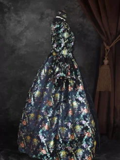 Black Gold Retro Tudor Dress Costumes Girl's Floral Print Marie Antoinette Costume Lace Up Satin Fabric Set Dress Choker Gothic 18th Century Costume