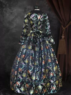 Black Gold Retro Tudor Dress Costumes Girl's Floral Print Marie Antoinette Costume Lace Up Satin Fabric Set Dress Choker Gothic 18th Century Costume