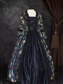 Black Gold Retro Tudor Dress Costumes Girl's Floral Print Marie Antoinette Costume Lace Up Satin Fabric Set Dress Choker Gothic 18th Century Costume