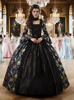 Black Gold Retro Tudor Dress Costumes Girl's Floral Print Marie Antoinette Costume Lace Up Satin Fabric Set Dress Choker Gothic 18th Century Costume