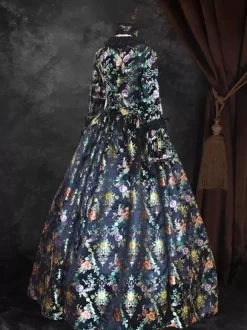 Black Gold Retro Tudor Dress Costumes Girl's Floral Print Marie Antoinette Costume Lace Up Satin Fabric Set Dress Choker Gothic 18th Century Costume