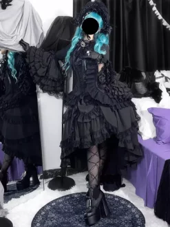 Black Gothic Lolita Dresses Ruffles Trumpet Sleeves Long Sleeves Ruffles Lolita Dress