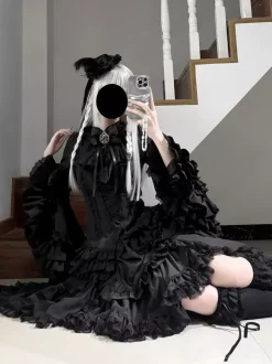 Black Gothic Lolita Dresses Ruffles Trumpet Sleeves Long Sleeves Ruffles Lolita Dress