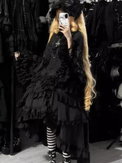 Black Gothic Lolita Dresses Ruffles Trumpet Sleeves Long Sleeves Ruffles Lolita Dress