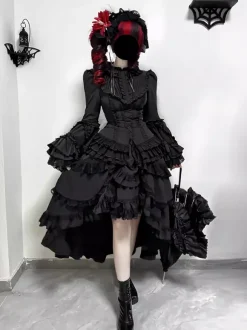 Black Gothic Lolita Dresses Ruffles Trumpet Sleeves Long Sleeves Ruffles Lolita Dress