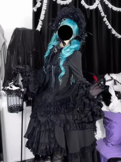 Black Gothic Lolita Dresses Ruffles Trumpet Sleeves Long Sleeves Ruffles Lolita Dress
