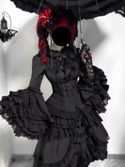 Black Gothic Lolita Dresses Ruffles Trumpet Sleeves Long Sleeves Ruffles Lolita Dress