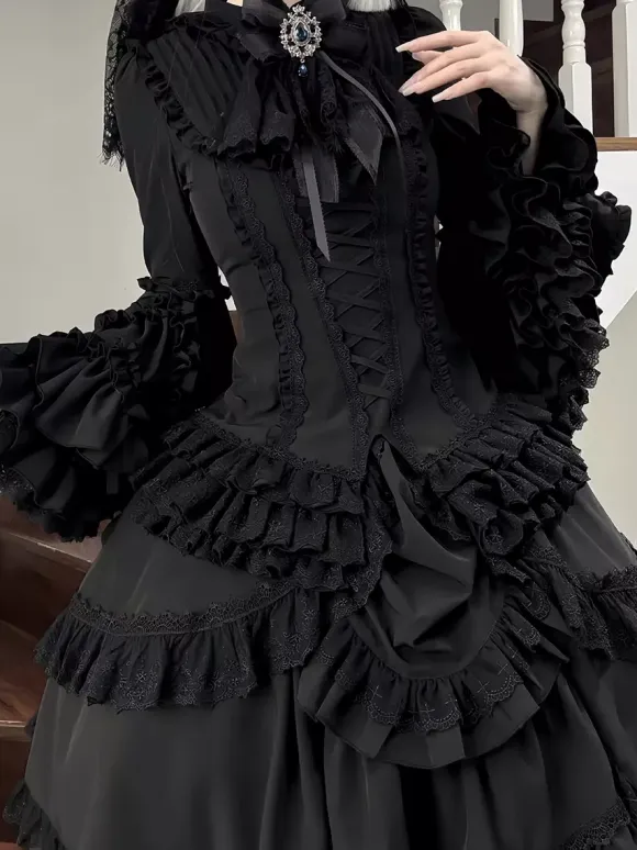 Black Gothic Lolita Dresses Ruffles Trumpet Sleeves Long Sleeves Ruffles Lolita Dress