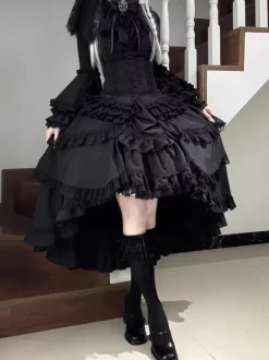 Black Gothic Lolita Dresses Ruffles Trumpet Sleeves Long Sleeves Ruffles Lolita Dress