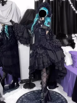 Black Gothic Lolita Dresses Ruffles Trumpet Sleeves Long Sleeves Ruffles Lolita Dress
