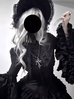 Black Gothic Lolita Dresses Ruffles Trumpet Sleeves Long Sleeves Ruffles Lolita Dress