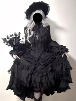Black Gothic Lolita Dresses Ruffles Trumpet Sleeves Long Sleeves Ruffles Lolita Dress