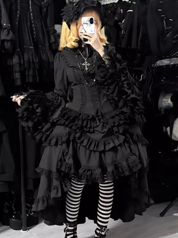 Black Gothic Lolita Dresses Ruffles Trumpet Sleeves Long Sleeves Ruffles Lolita Dress