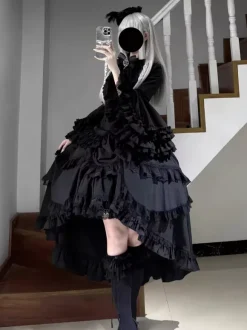 Black Gothic Lolita Dresses Ruffles Trumpet Sleeves Long Sleeves Ruffles Lolita Dress
