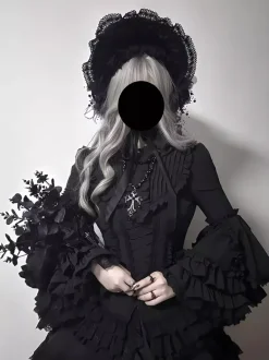 Black Gothic Lolita Dresses Ruffles Trumpet Sleeves Long Sleeves Ruffles Lolita Dress