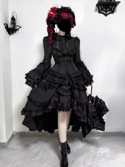 Black Gothic Lolita Dresses Ruffles Trumpet Sleeves Long Sleeves Ruffles Lolita Dress