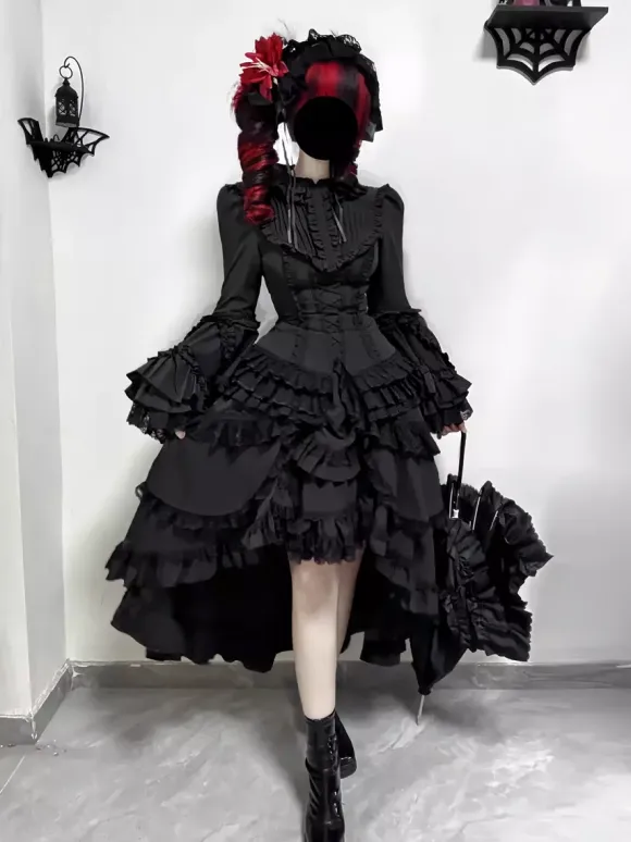 Black Gothic Lolita Dresses Ruffles Trumpet Sleeves Long Sleeves Ruffles Lolita Dress