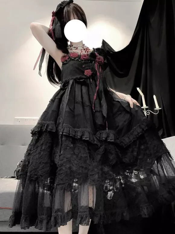 Black Gothic Lolita JSK Dresses Flowers Lace Ruffled Lolita Long Dress