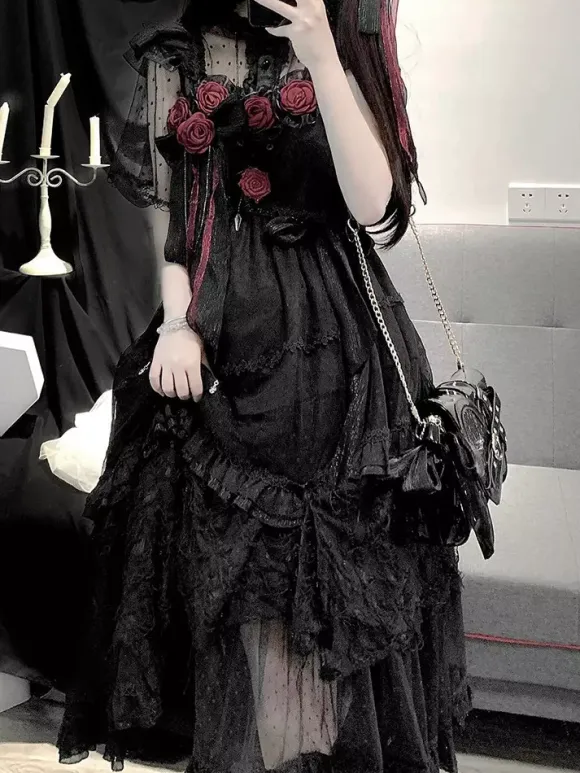 Black Gothic Lolita JSK Dresses Flowers Lace Ruffled Lolita Long Dress