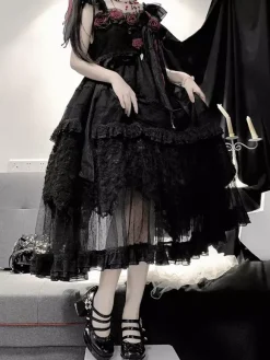 Black Gothic Lolita JSK Dresses Flowers Lace Ruffled Lolita Long Dress