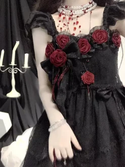 Black Gothic Lolita JSK Dresses Flowers Lace Ruffled Lolita Long Dress