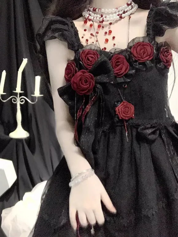 Black Gothic Lolita JSK Dresses Flowers Lace Ruffled Lolita Long Dress