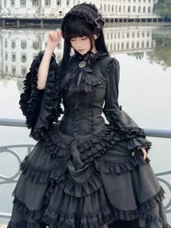 Black Gothic Lolita Set Dresses Ruffles Long Sleeves Cravat Top And Skirt Lolita Dress