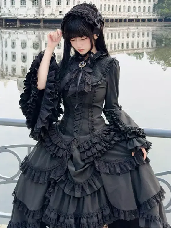 Black Gothic Lolita Set Dresses Ruffles Long Sleeves Cravat Top And Skirt Lolita Dress