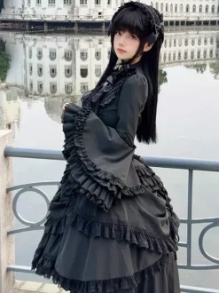 Black Gothic Lolita Set Dresses Ruffles Long Sleeves Cravat Top And Skirt Lolita Dress