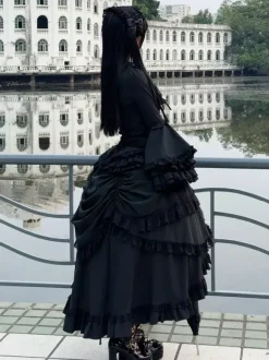 Black Gothic Lolita Set Dresses Ruffles Long Sleeves Cravat Top And Skirt Lolita Dress