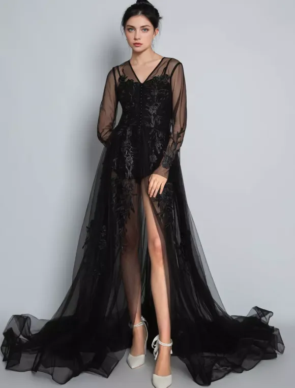 Black Gothic Wedding Dresses 2026 A-Line Long Sleeves Buttons Lace With Train Bridal Dress Free Customization